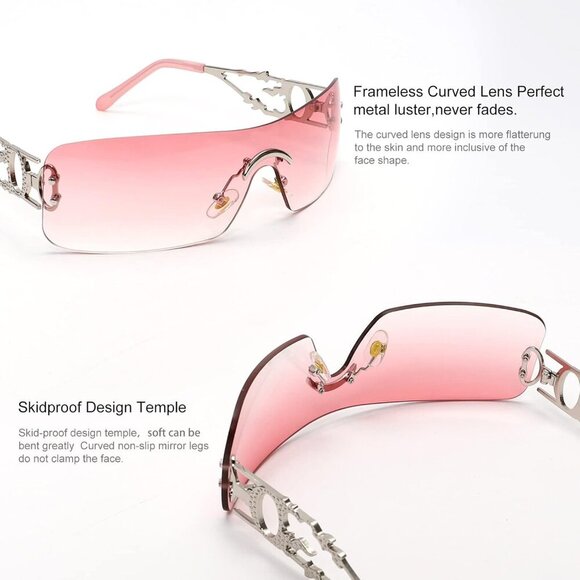 Rimless Y2K Rectangle Light Pink Sunglasses Women and Men Vintage Retro Eyewear - Picture 3 of 6